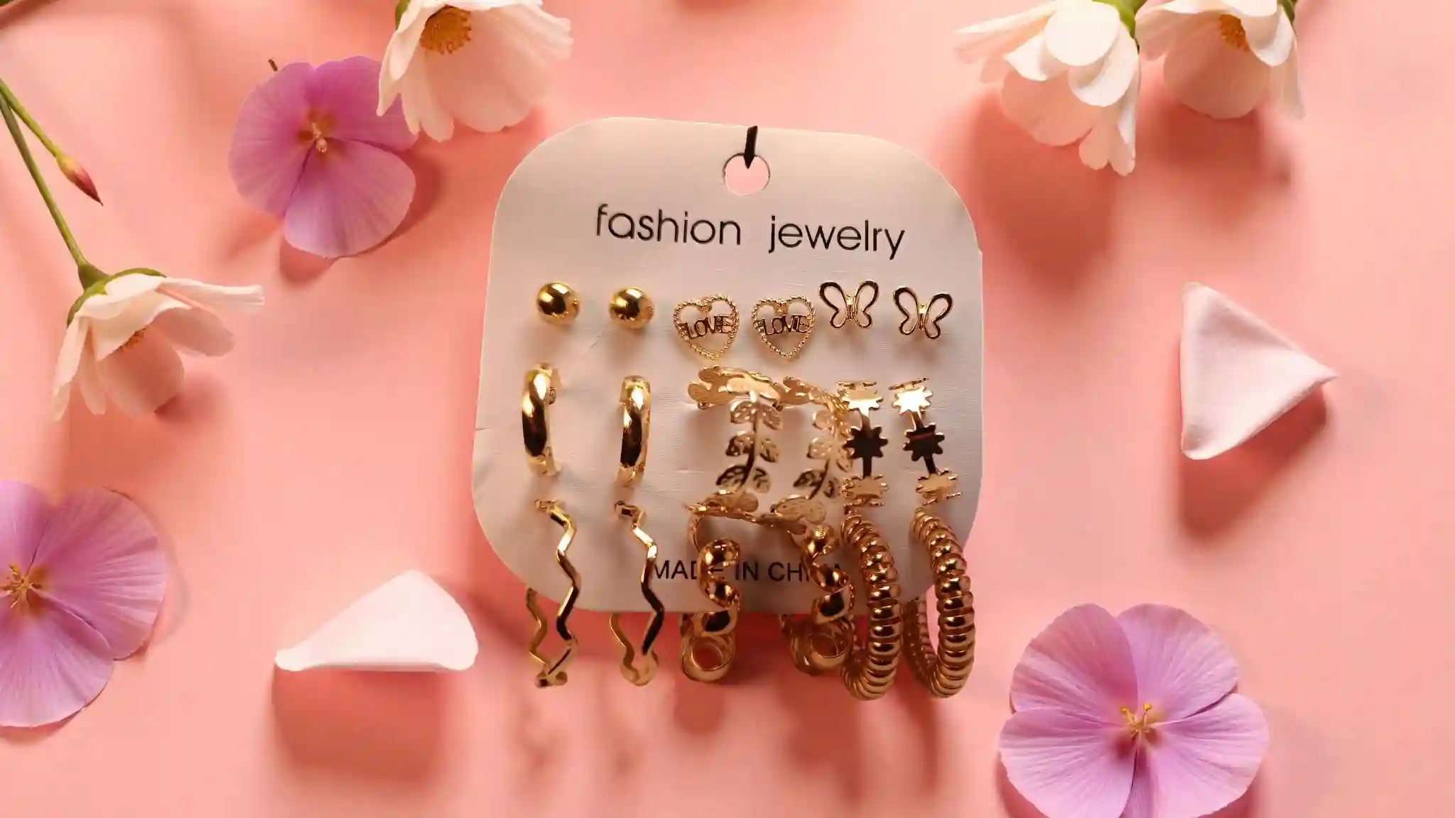 Ultimate 9-Pair Gold Earring Set – Curated Collection with Butterfly Studs, "LOVE" Hearts & Textured Hoops